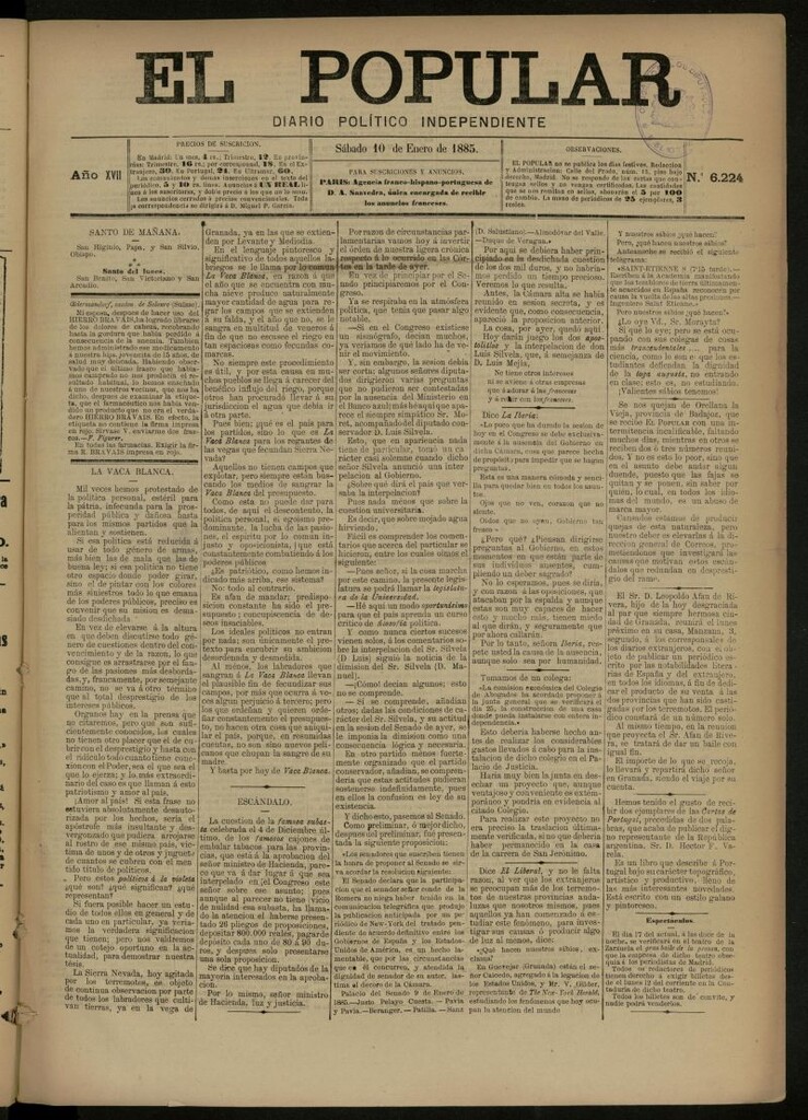 Miniatura de El Popular: diario independiente, político, literario y de noticias de interés general del 10 de enero de 1885, nº 6224