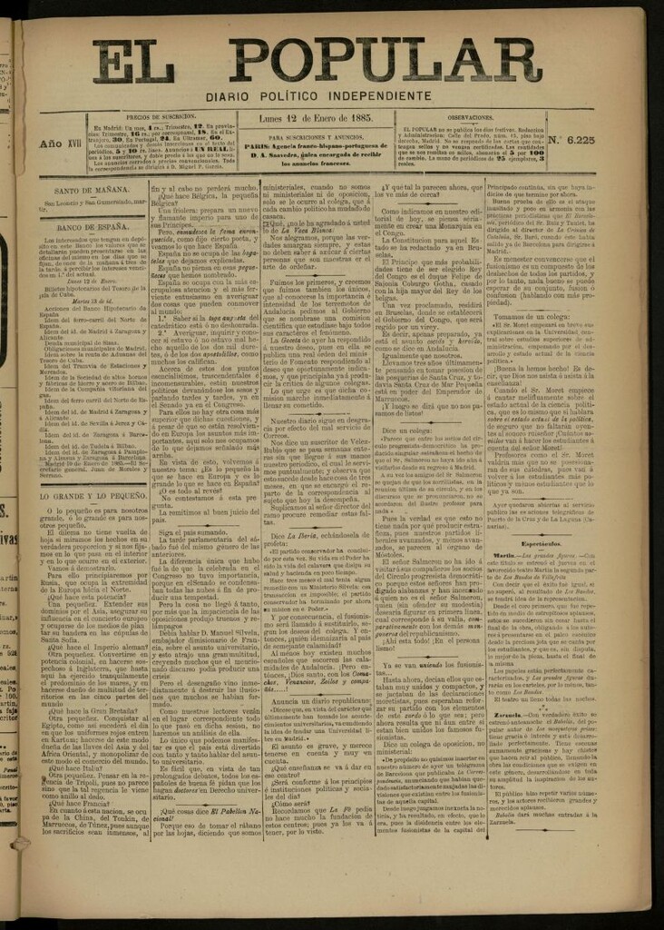 Miniatura de El Popular: diario independiente, político, literario y de noticias de interés general del 12 de enero de 1885, nº 6225