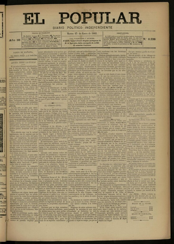 Miniatura de El Popular: diario independiente, político, literario y de noticias de interés general del 13 de enero de 1885, nº 6226