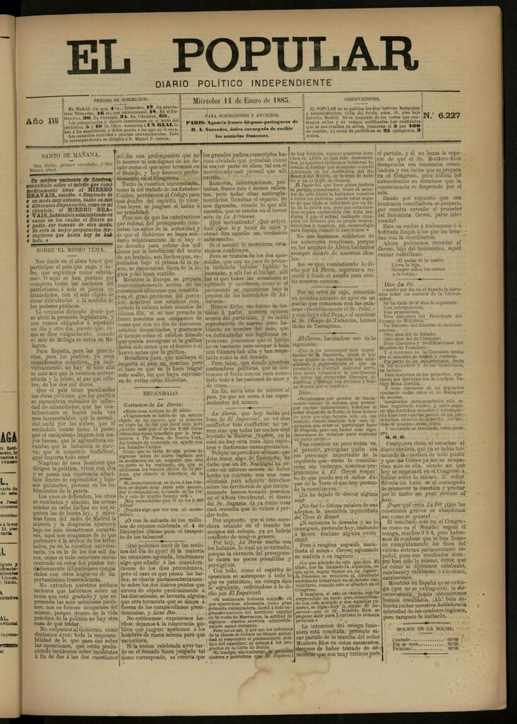 Miniatura de El Popular: diario independiente, político, literario y de noticias de interés general del 14 de enero de 1885, nº 6227