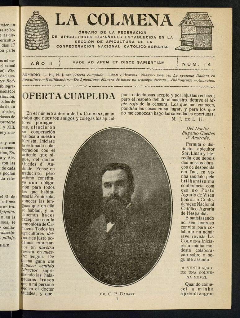 Miniatura de La Colmena : órgano de la Federación de Apicultores españoles establecida en la sección de apicultura de la Confederación Nacional Católico-Agraria. Nº 14