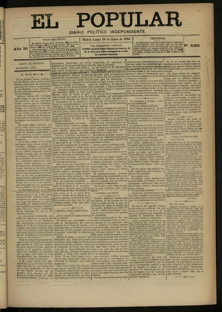 Miniatura de El Popular: diario independiente, político, literario y de noticias de interés general del 19 de enero de 1885, nº 6231