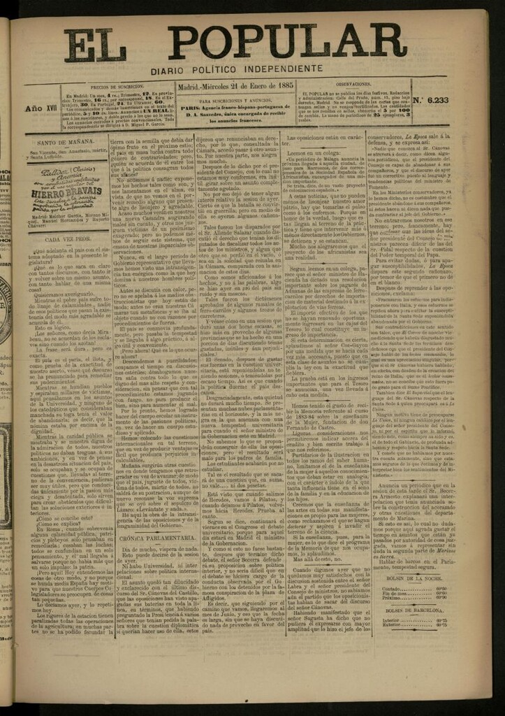 Miniatura de El Popular: diario independiente, político, literario y de noticias de interés general del 21 de enero de 1885, nº 6233