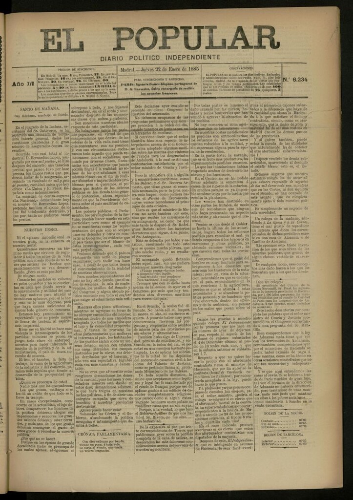 Miniatura de El Popular: diario independiente, político, literario y de noticias de interés general del 22 de enero de 1885, nº 6234