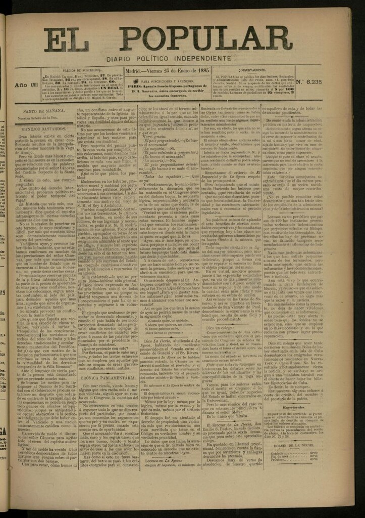 Miniatura de El Popular: diario independiente, político, literario y de noticias de interés general del 23 de enero de 1885, nº 6235