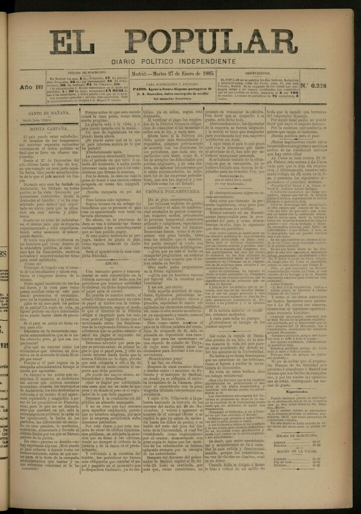 Miniatura de El Popular: diario independiente, político, literario y de noticias de interés general del 27 de enero de 1885, nº 6238