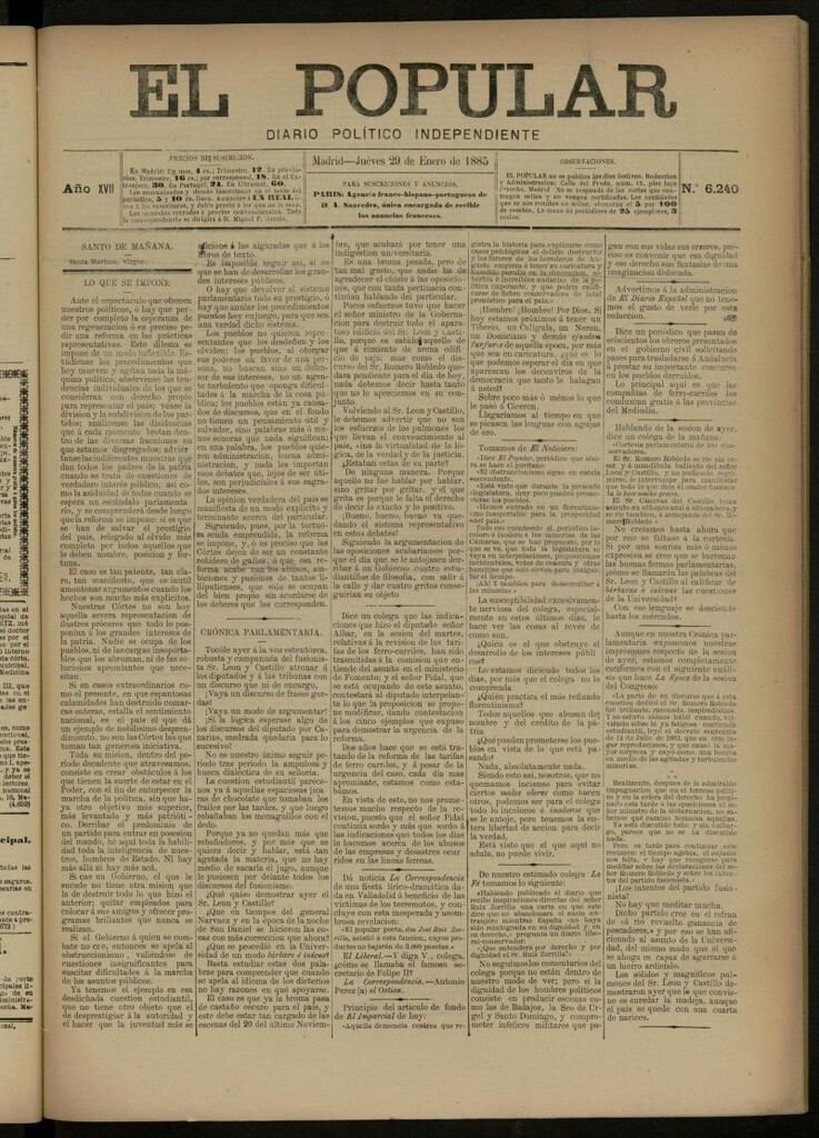 Miniatura de El Popular: diario independiente, político, literario y de noticias de interés general del 29 de enero de 1885, nº 6240