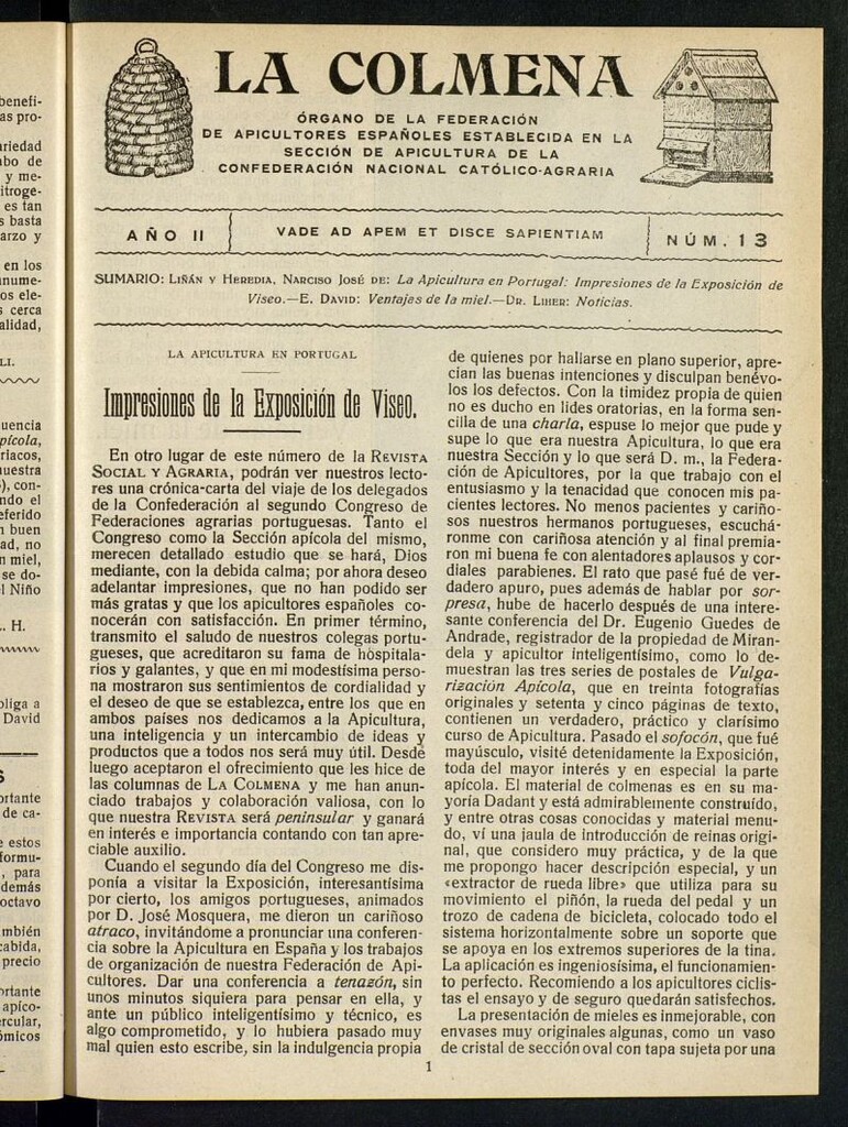 Miniatura de La Colmena : órgano de la Federación de Apicultores españoles establecida en la sección de apicultura de la Confederación Nacional Católico-Agraria. Nº 13