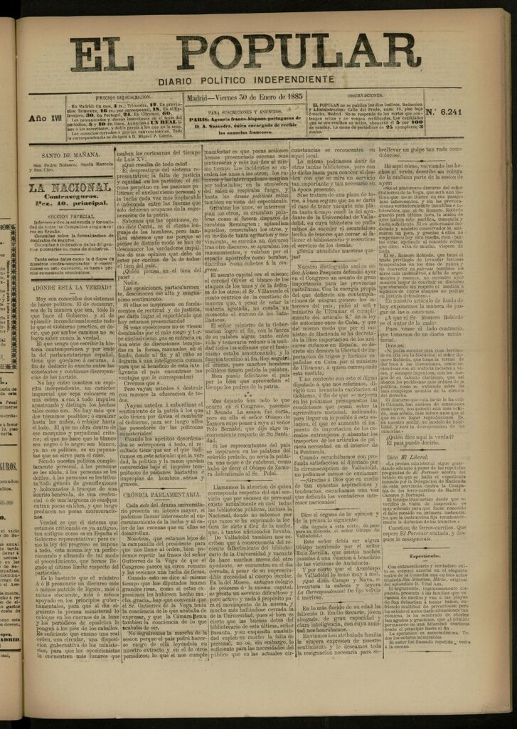 Miniatura de El Popular: diario independiente, político, literario y de noticias de interés general del 30 de enero de 1885, nº 6241