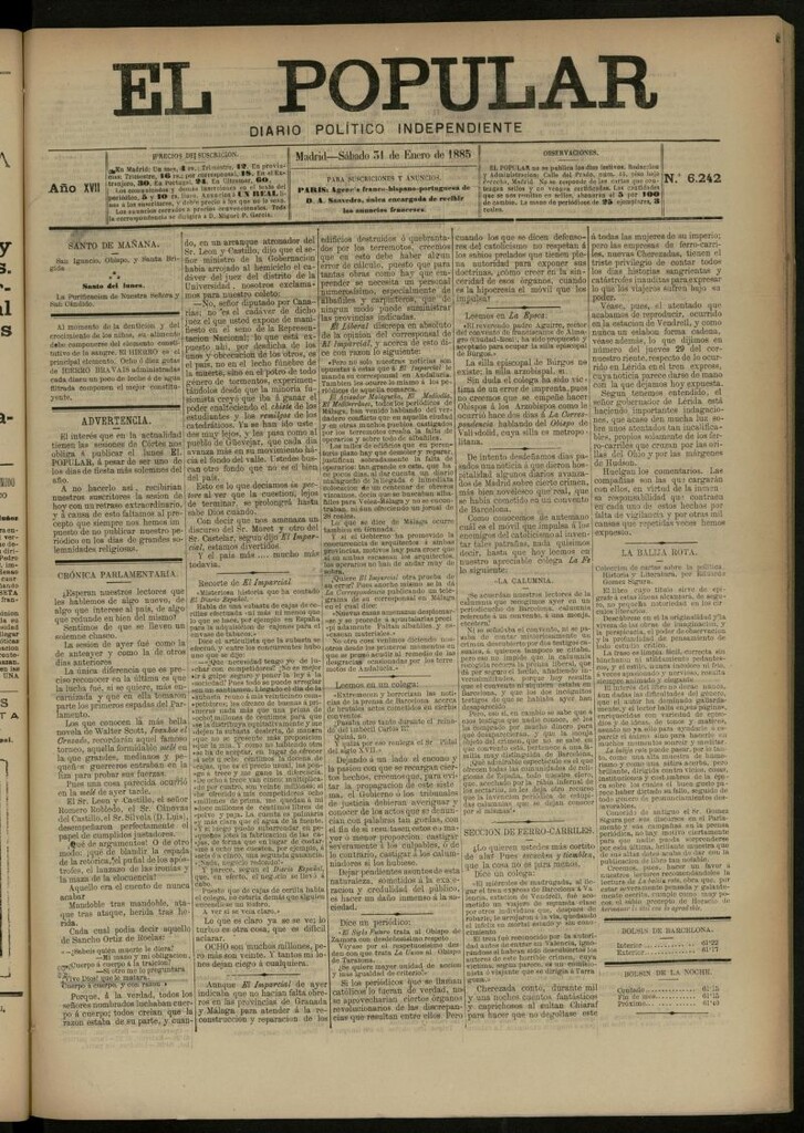 Miniatura de El Popular: diario independiente, político, literario y de noticias de interés general del 31 de enero de 1885, nº 6242