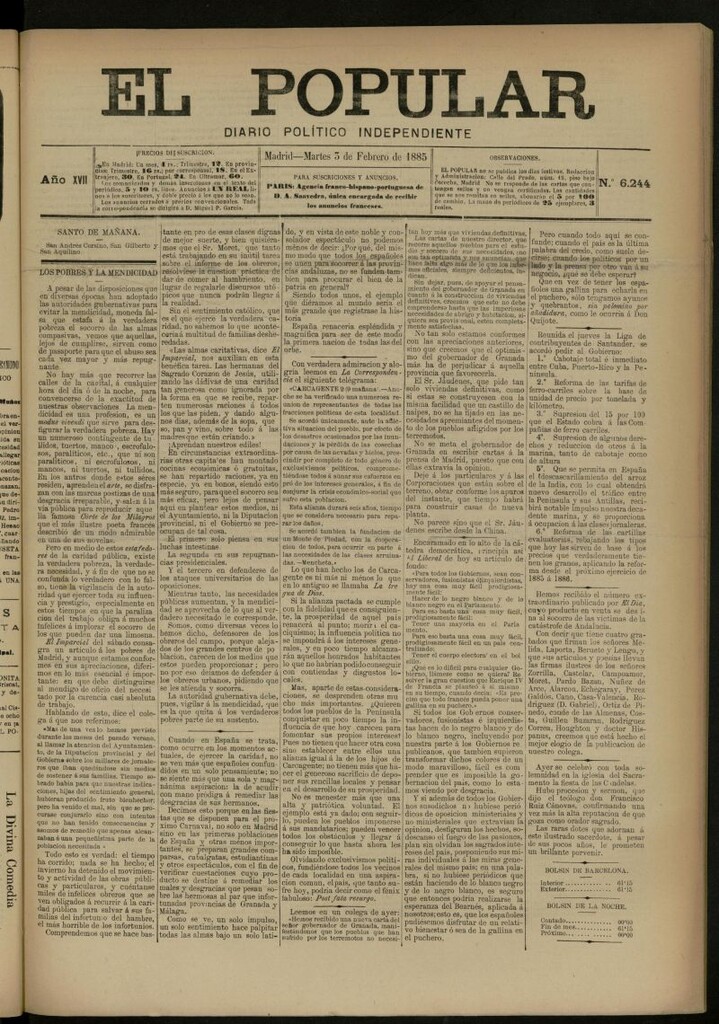 Miniatura de El Popular: diario independiente, político, literario y de noticias de interés general del 3 de febrero de 1885, nº 6244