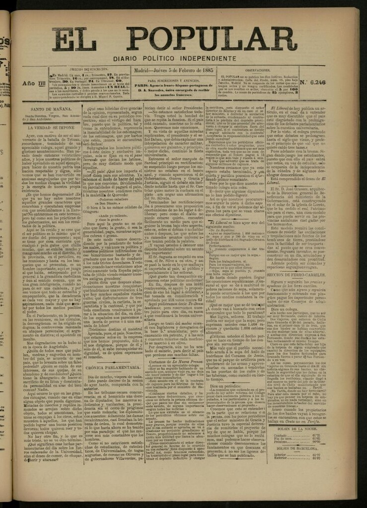 Miniatura de El Popular: diario independiente, político, literario y de noticias de interés general del 5 de febrero de 1885, nº 6246