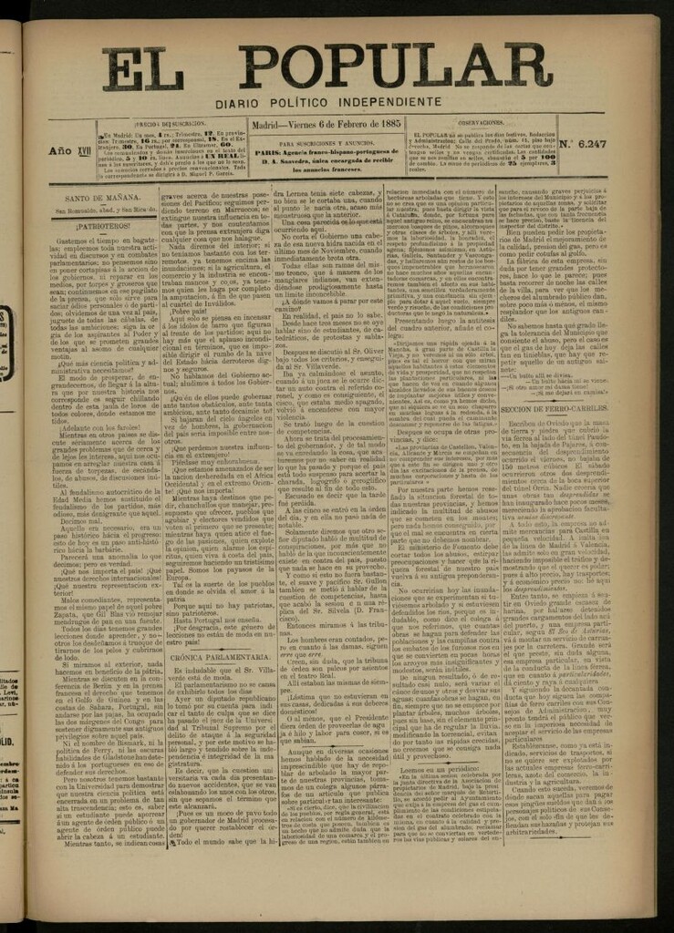 Miniatura de El Popular: diario independiente, político, literario y de noticias de interés general del 6 de febrero de 1885, nº 6247