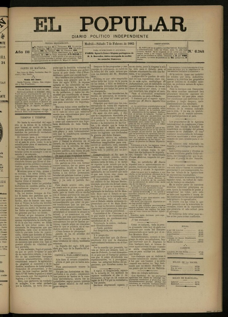 Miniatura de El Popular: diario independiente, político, literario y de noticias de interés general del 7 de febrero de 1885, nº 6248