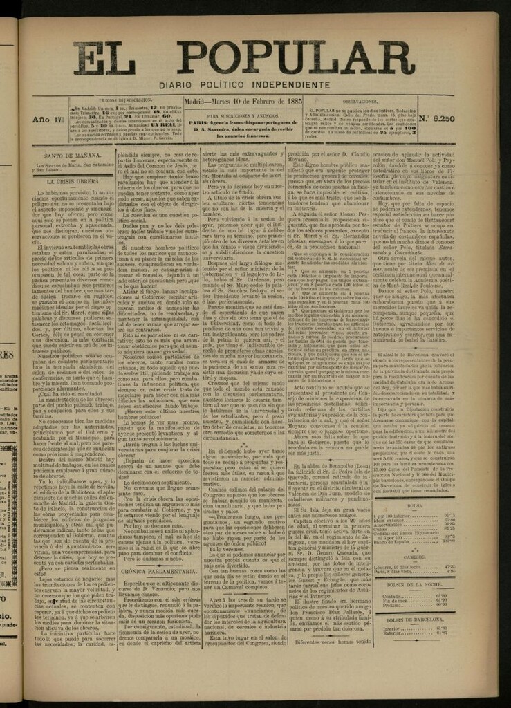 Miniatura de El Popular: diario independiente, político, literario y de noticias de interés general del 10 de febrero de 1885, nº 6250