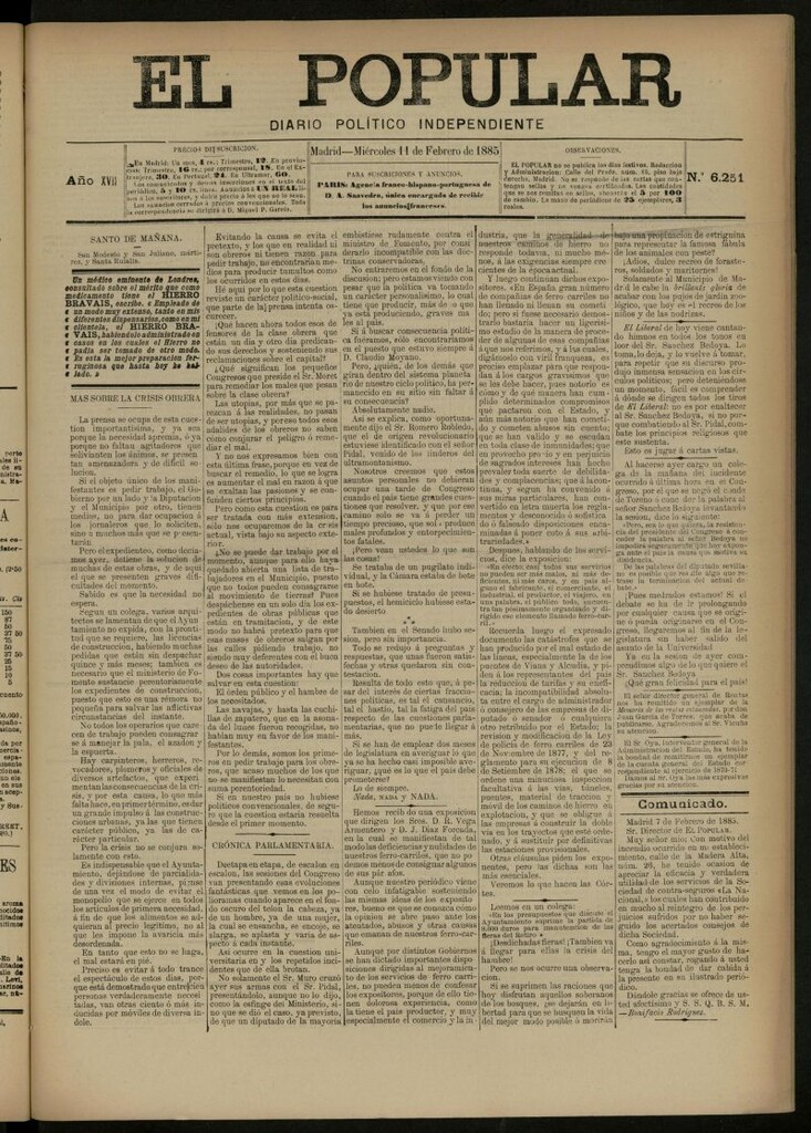 Miniatura de El Popular: diario independiente, político, literario y de noticias de interés general del 11 de febrero de 1885, nº 6251
