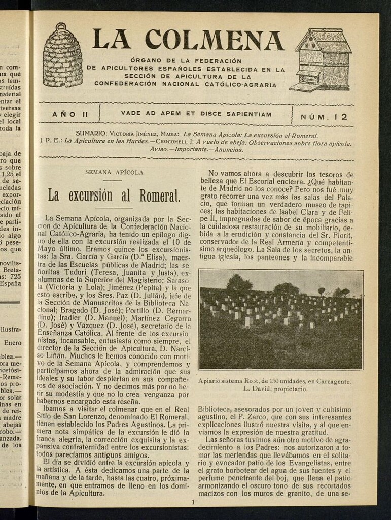 Miniatura de La Colmena : órgano de la Federación de Apicultores españoles establecida en la sección de apicultura de la Confederación Nacional Católico-Agraria. Nº 12