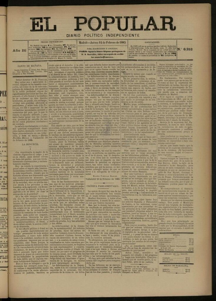Miniatura de El Popular: diario independiente, político, literario y de noticias de interés general del 12 de febrero de 1885, nº 6252