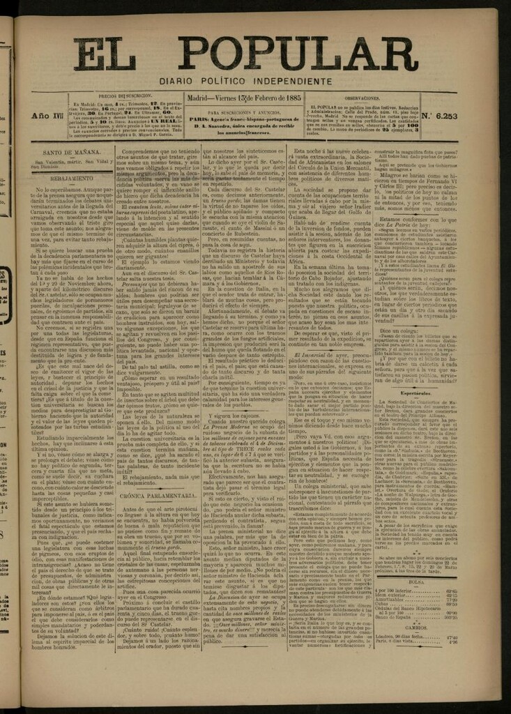 Miniatura de El Popular: diario independiente, político, literario y de noticias de interés general del 13 de febrero de 1885, nº 6253