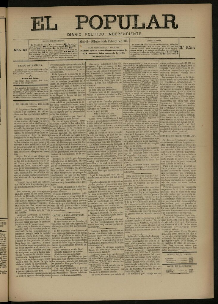 Miniatura de El Popular: diario independiente, político, literario y de noticias de interés general del 14 de febrero de 1885, nº 6254