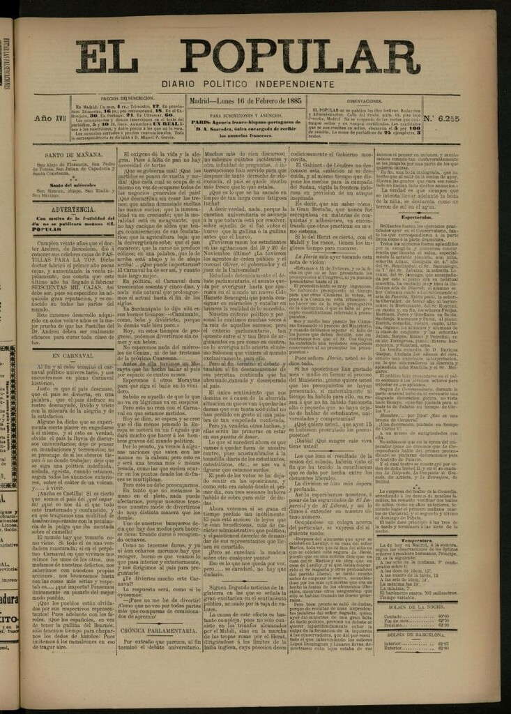 Miniatura de El Popular: diario independiente, político, literario y de noticias de interés general del 16 de febrero de 1885, nº 6255