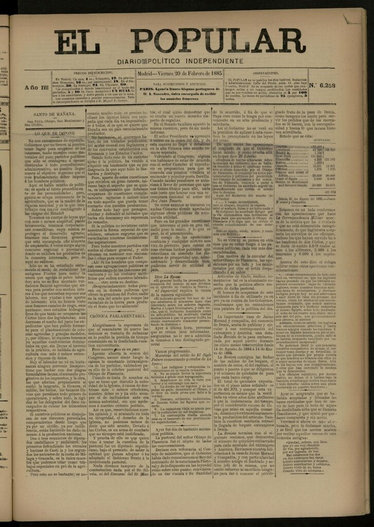Miniatura de El Popular: diario independiente, político, literario y de noticias de interés general del 20 de febrero de 1885, nº 6258