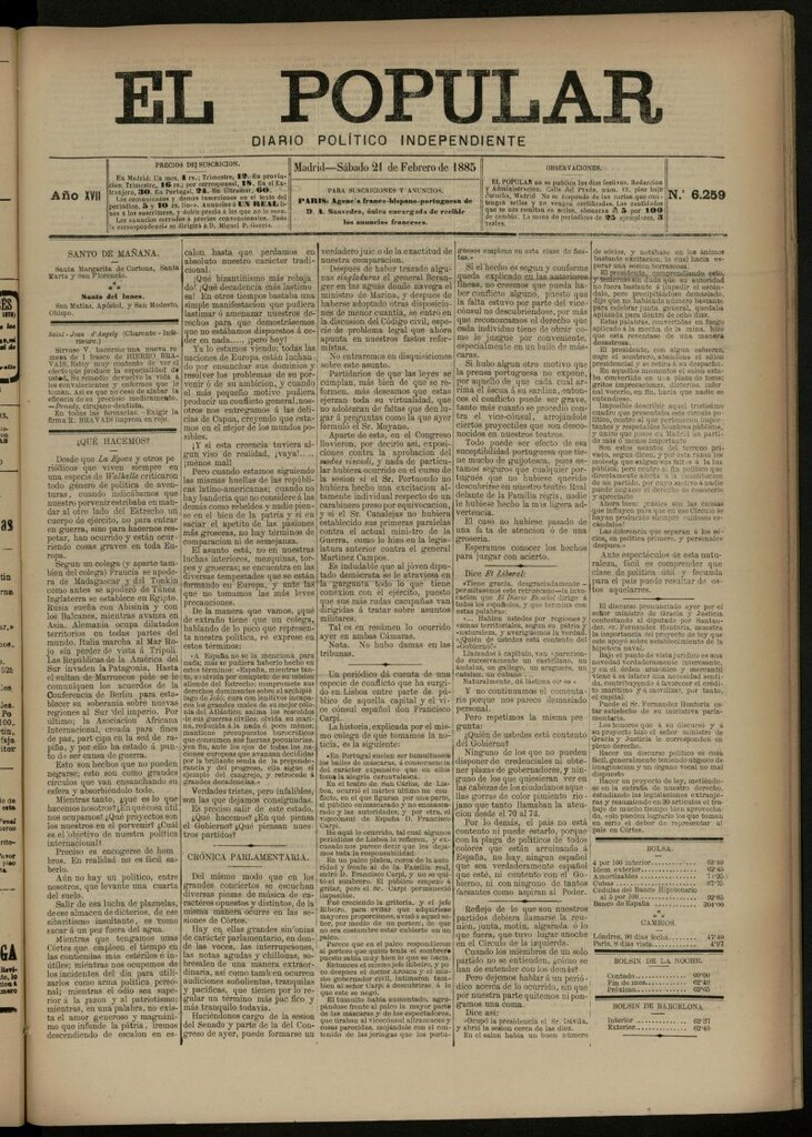 Miniatura de El Popular: diario independiente, político, literario y de noticias de interés general del 21 de febrero de 1885, nº 6259