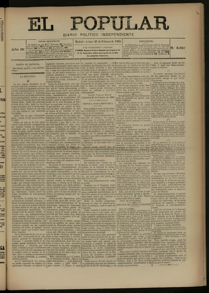 Miniatura de El Popular: diario independiente, político, literario y de noticias de interés general del 23 de febrero de 1885, nº 6260