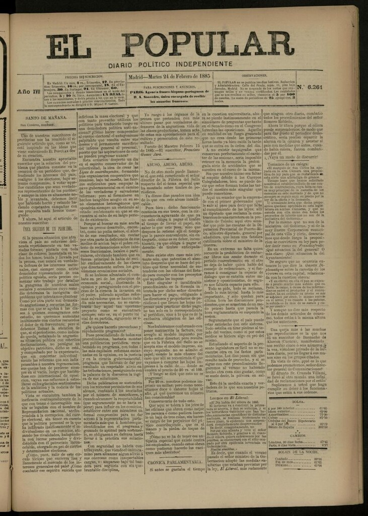 Miniatura de El Popular: diario independiente, político, literario y de noticias de interés general del 24 de febrero de 1885, nº 6261