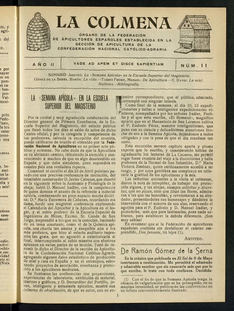 Miniatura de La Colmena : órgano de la Federación de Apicultores españoles establecida en la sección de apicultura de la Confederación Nacional Católico-Agraria. Nº 11
