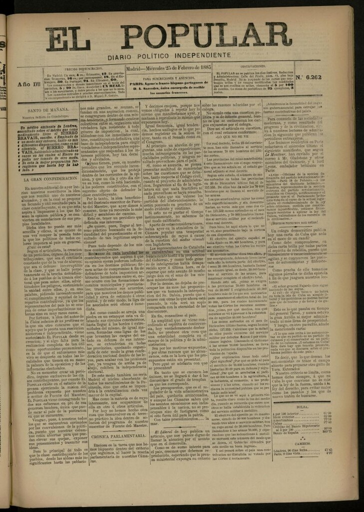 Miniatura de El Popular: diario independiente, político, literario y de noticias de interés generaldel 25 de febrero de 1885, nº 6262