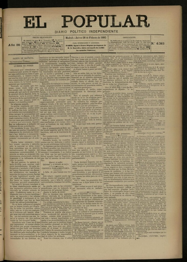 Miniatura de El Popular: diario independiente, político, literario y de noticias de interés general del 26 de febrero de 1885, nº 6263