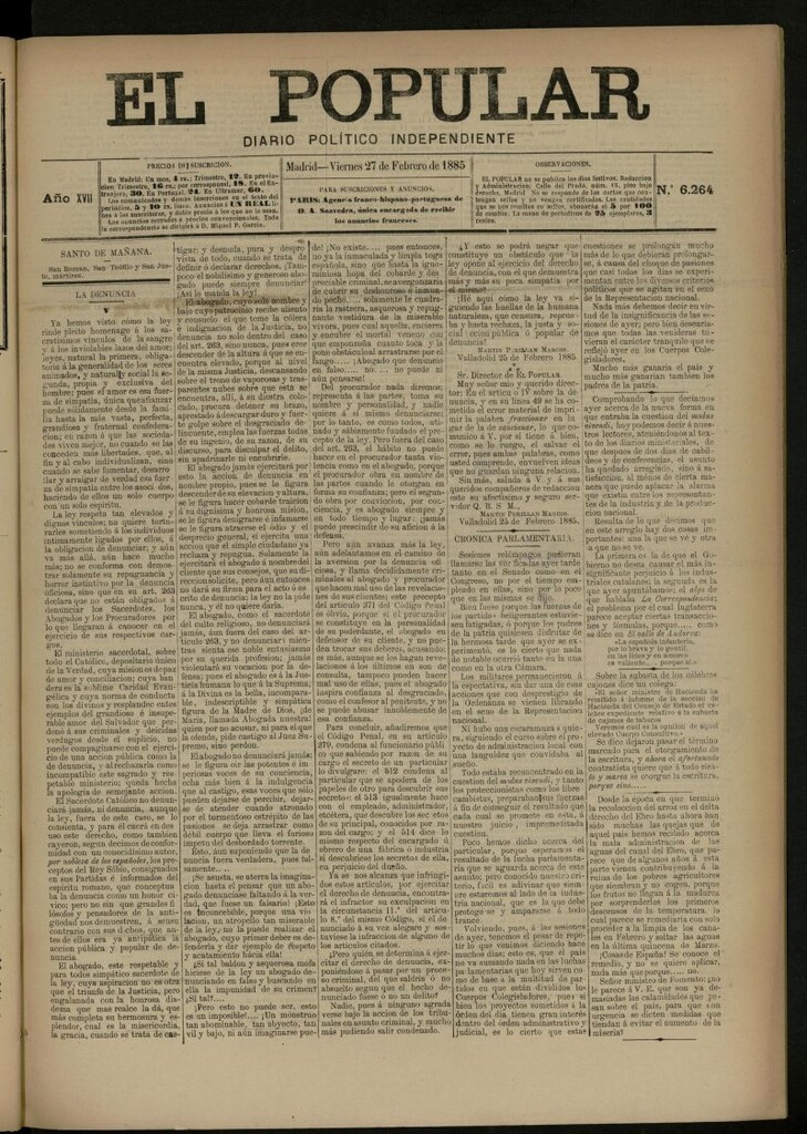 Miniatura de El Popular: diario independiente, político, literario y de noticias de interés general del 27 de febrero de 1885, nº 6264