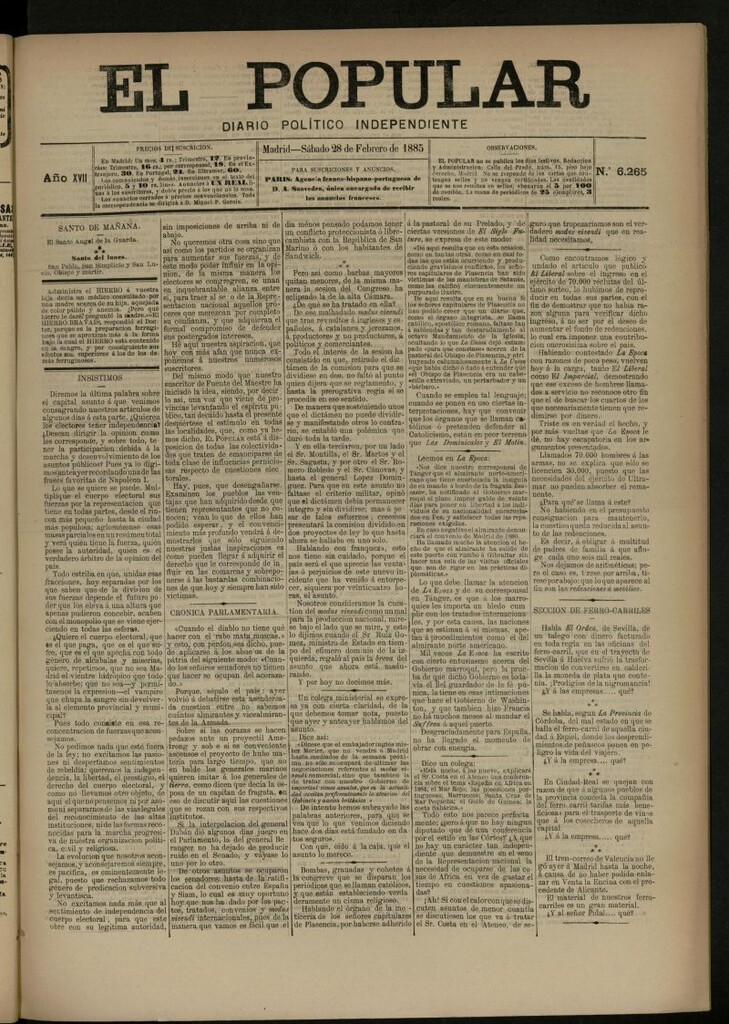 Miniatura de El Popular: diario independiente, político, literario y de noticias de interés general del 28 de febrero de 1885, nº 6265
