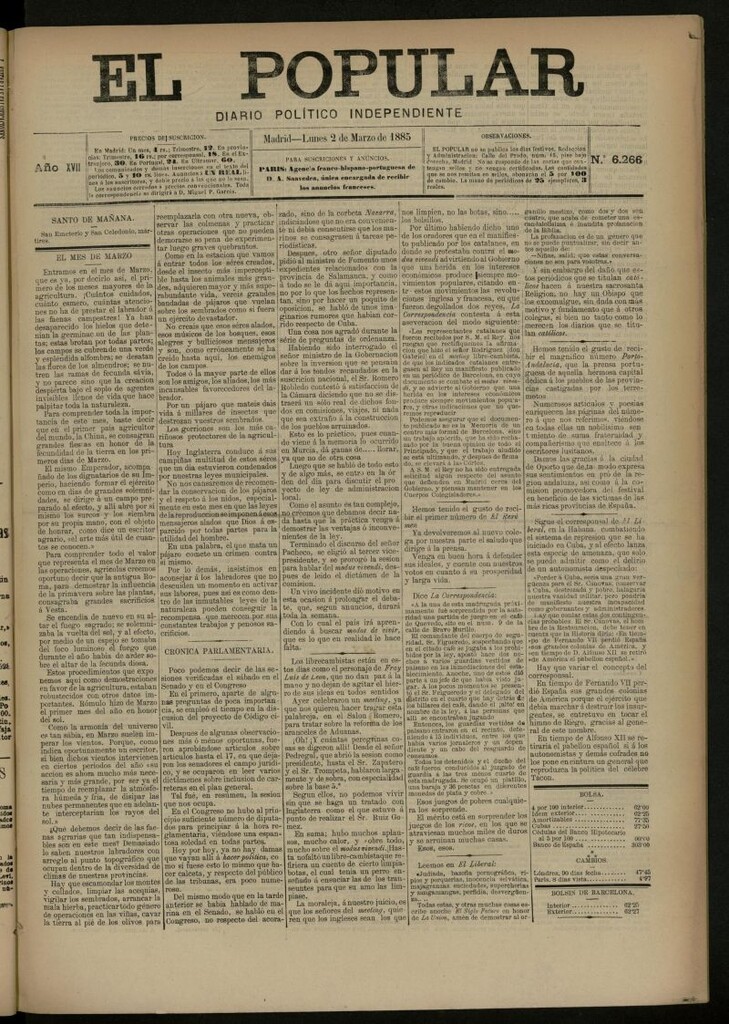 Miniatura de El Popular: diario independiente, político, literario y de noticias de interés general del 2 de marzo de 1885, nº 6266