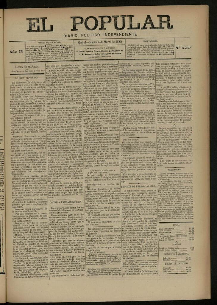 Miniatura de El Popular: diario independiente, político, literario y de noticias de interés general del 3 de marzo de 1885, nº 6267