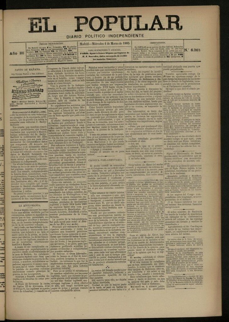 Miniatura de El Popular: diario independiente, político, literario y de noticias de interés general del 4 de marzo de 1885, nº 6268