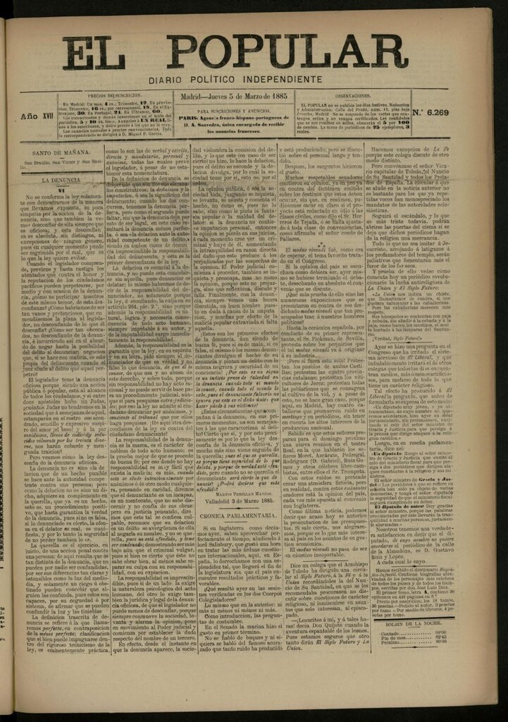 Miniatura de El Popular: diario independiente, político, literario y de noticias de interés general del 5 de marzo de 1885, nº 6269