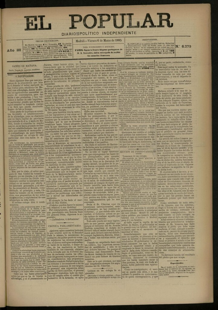 Miniatura de El Popular: diario independiente, político, literario y de noticias de interés general del 6 de marzo de 1885, nº 6270