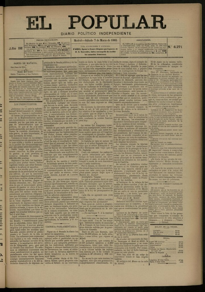Miniatura de El Popular: diario independiente, político, literario y de noticias de interés general del 7 de marzo de 1885, nº 6271