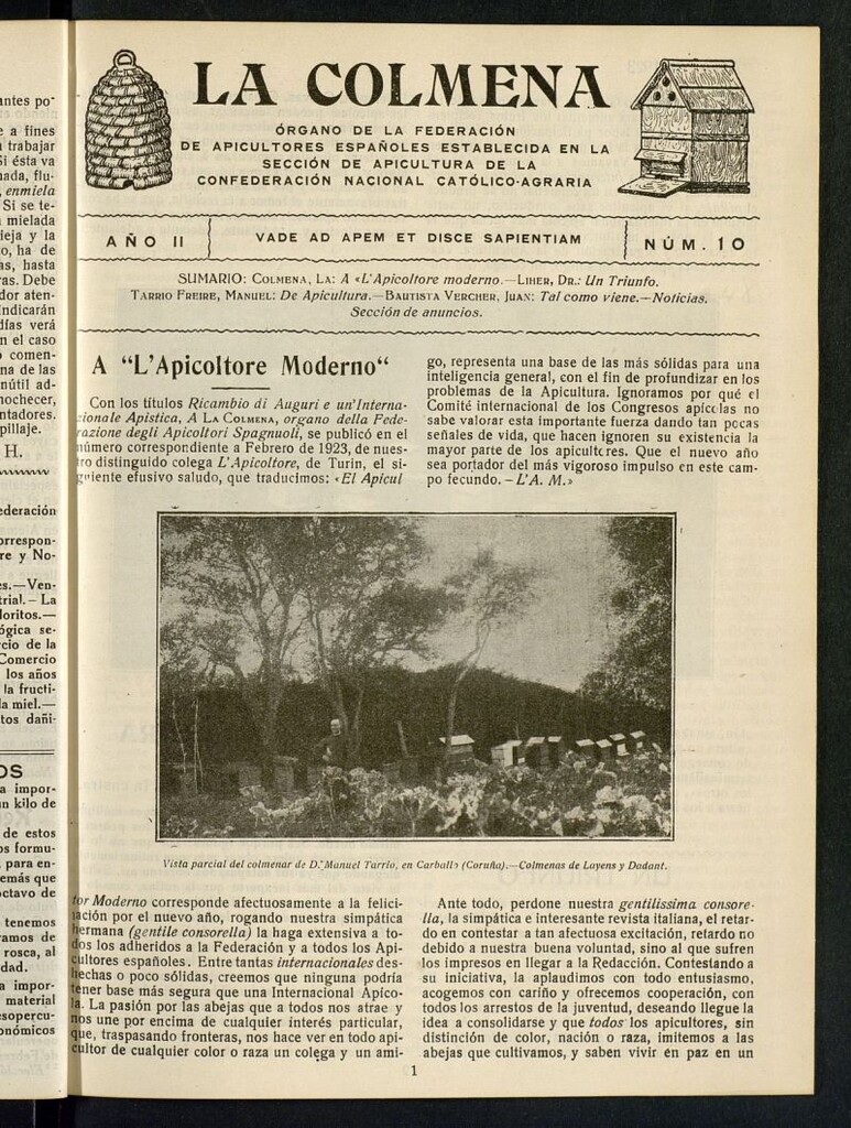 Miniatura de La Colmena : órgano de la Federación de Apicultores españoles establecida en la sección de apicultura de la Confederación Nacional Católico-Agraria. Nº 10