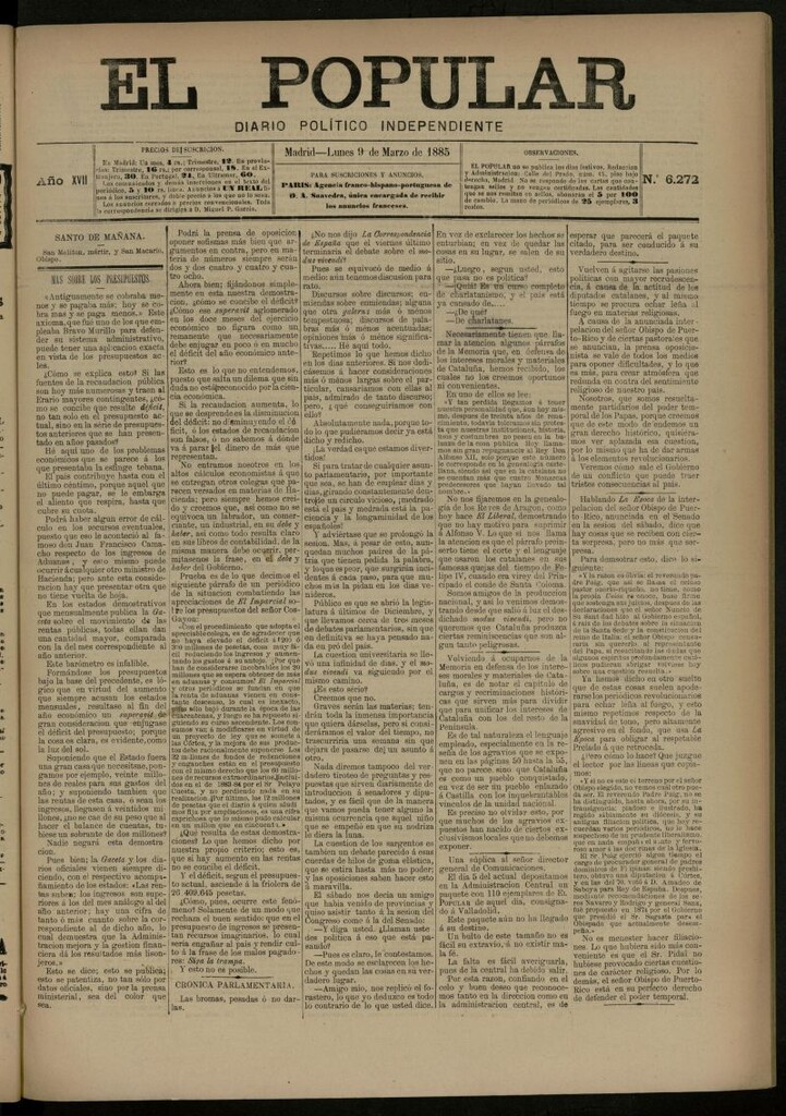 Miniatura de El Popular: diario independiente, político, literario y de noticias de interés general del 9 de marzo de 1885, nº 6272