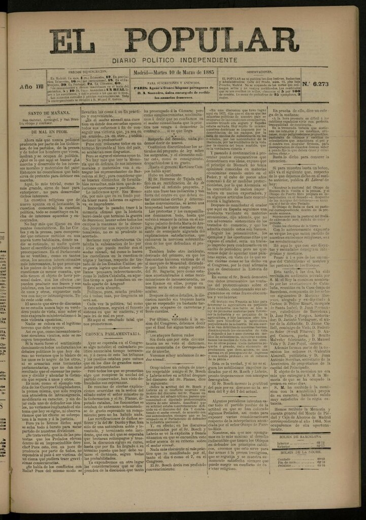Miniatura de El Popular: diario independiente, político, literario y de noticias de interés general del 10 de marzo de 1885, nº 6273