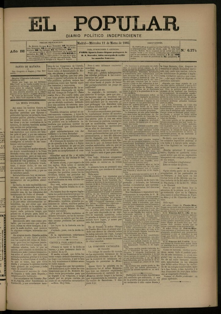 Miniatura de El Popular: diario independiente, político, literario y de noticias de interés general del 11 de marzo de 1885, nº 6274