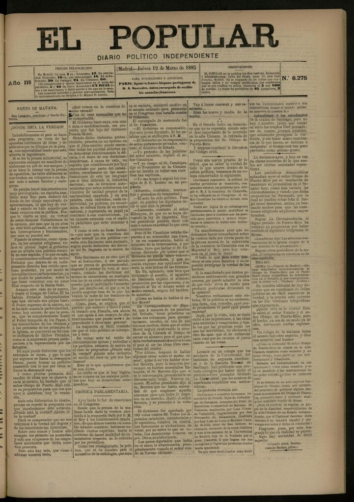 Miniatura de El Popular: diario independiente, político, literario y de noticias de interés general del 12 de marzo de 1885, nº 6275