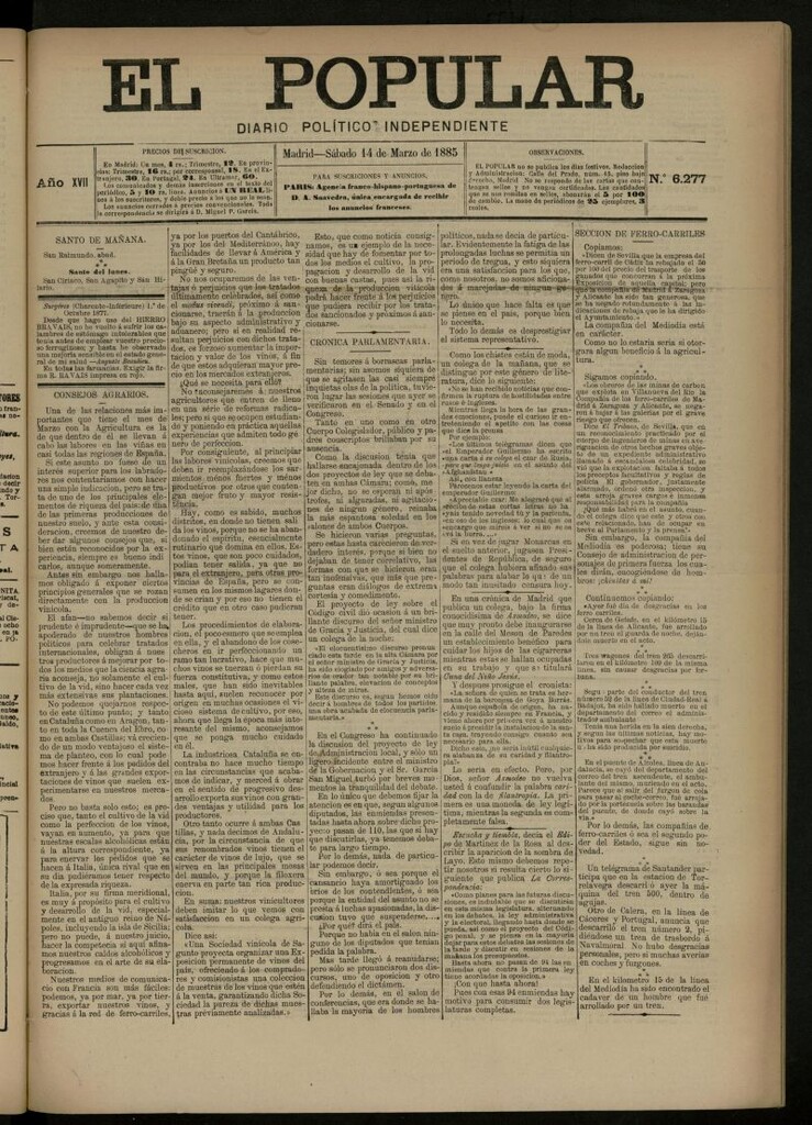 Miniatura de El Popular: diario independiente, político, literario y de noticias de interés general del 14 de marzo de 1885, nº 6277