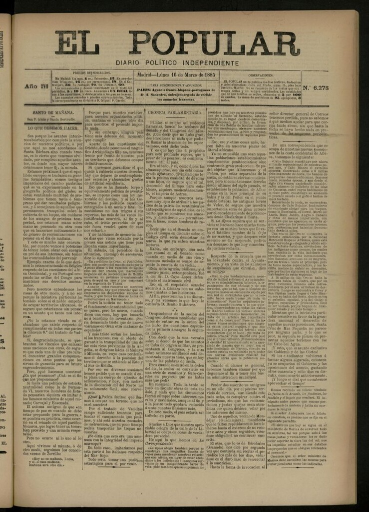 Miniatura de El Popular: diario independiente, político, literario y de noticias de interés general del 16 de marzo de 1885, nº 6278