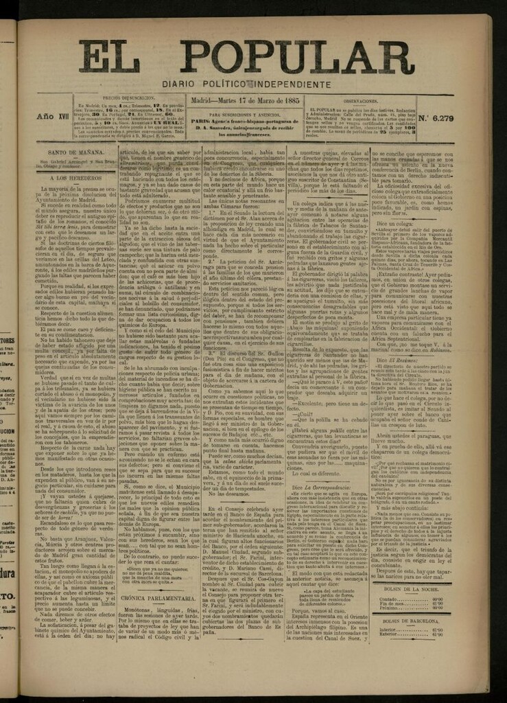 Miniatura de El Popular: diario independiente, político, literario y de noticias de interés general del 17 de marzo de 1885, nº 6279