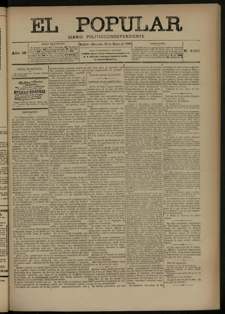 Miniatura de El Popular: diario independiente, político, literario y de noticias de interés general del 18 de marzo de 1885, nº 6280