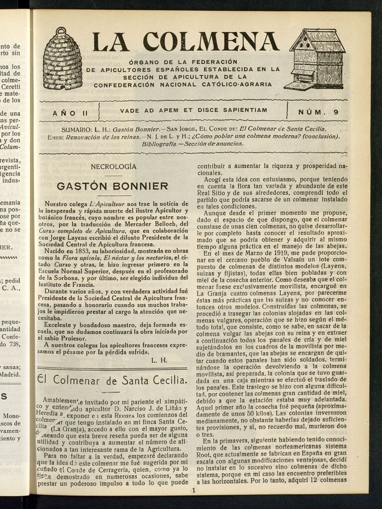 Miniatura de La Colmena : órgano de la Federación de Apicultores españoles establecida en la sección de apicultura de la Confederación Nacional Católico-Agraria. Nº 9